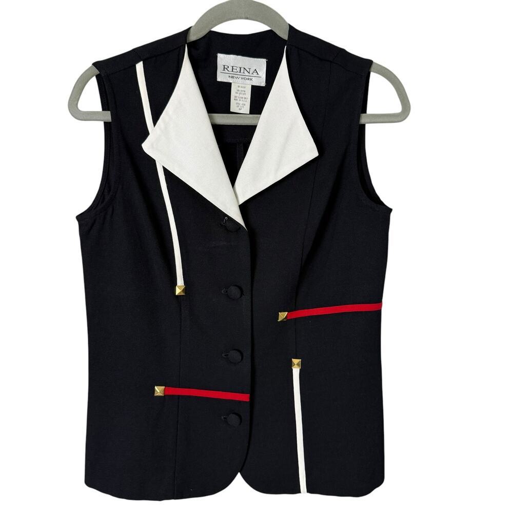 Reina New York Vintage 80s‎ Colorblock Button-Front Top Vest Black White Red, 6P